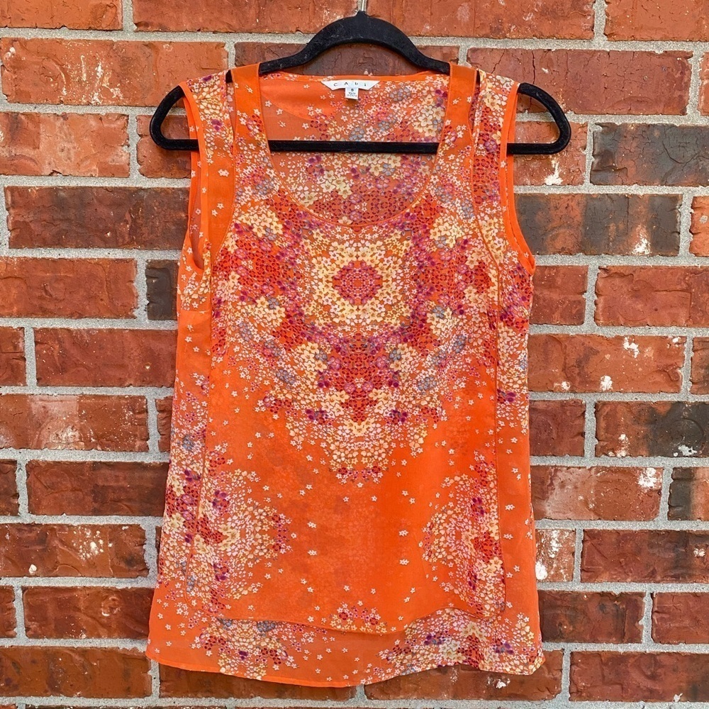 CAbi #268 Womens Small Merrow Edge Sheer Orange Floral Tank Blouse